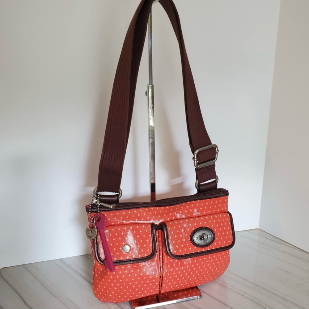 Fossil Key-Per Vintage Coated Orange Canvas Crossbody Bag Purse - Picture 2 of 11
